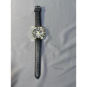 Geneva men's gold-tone quartz watch with a black leather-look strap/dial #217